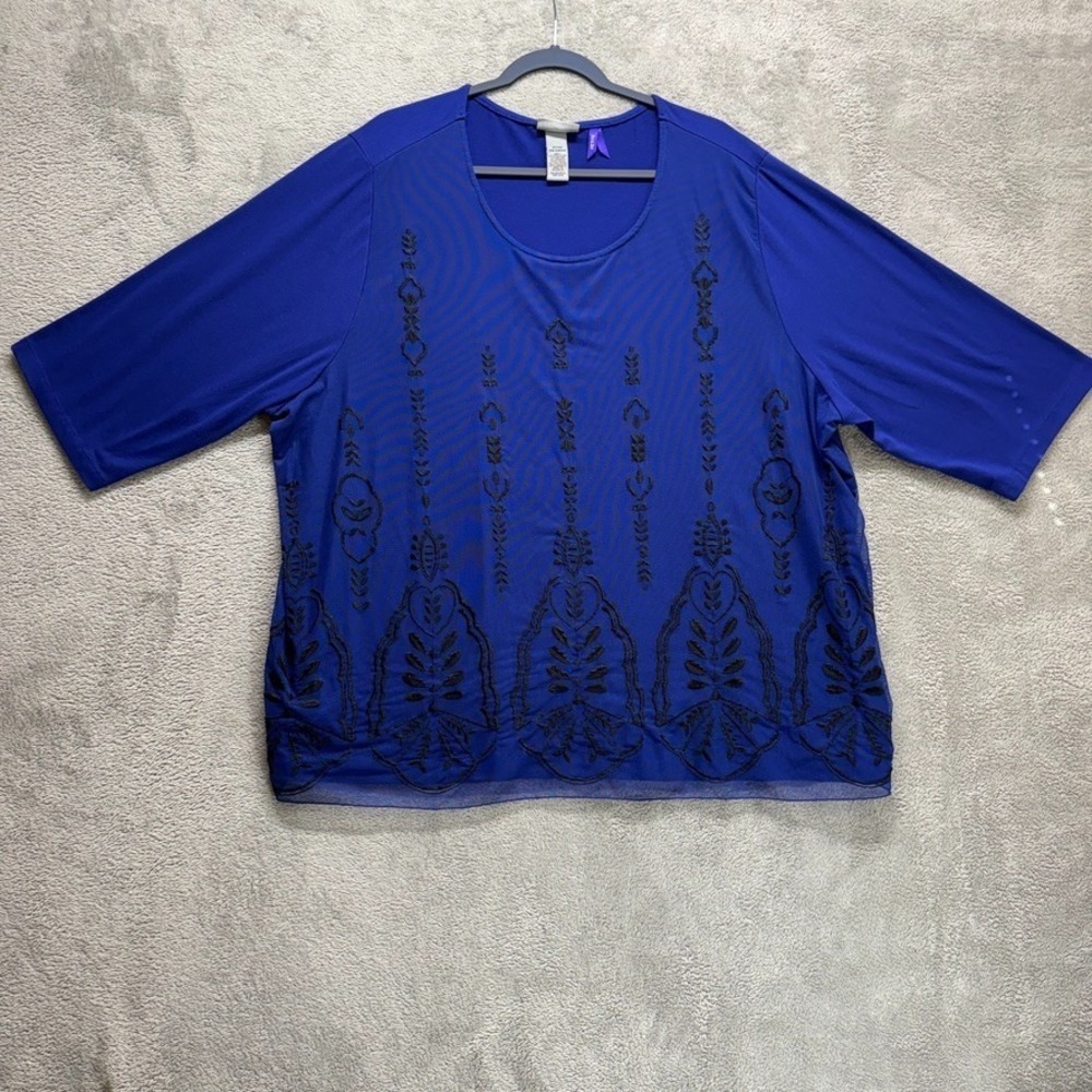 Catherines Blouse Womens 3X Petite Blue Pullover Knit Embroidered  Lace Overlay